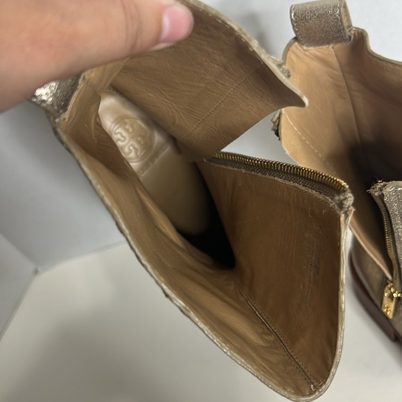 Tory Burch Halle Metallic Gold Leather Mid Calf Short Boots Shoes Size 6M - Picture 10 of 11